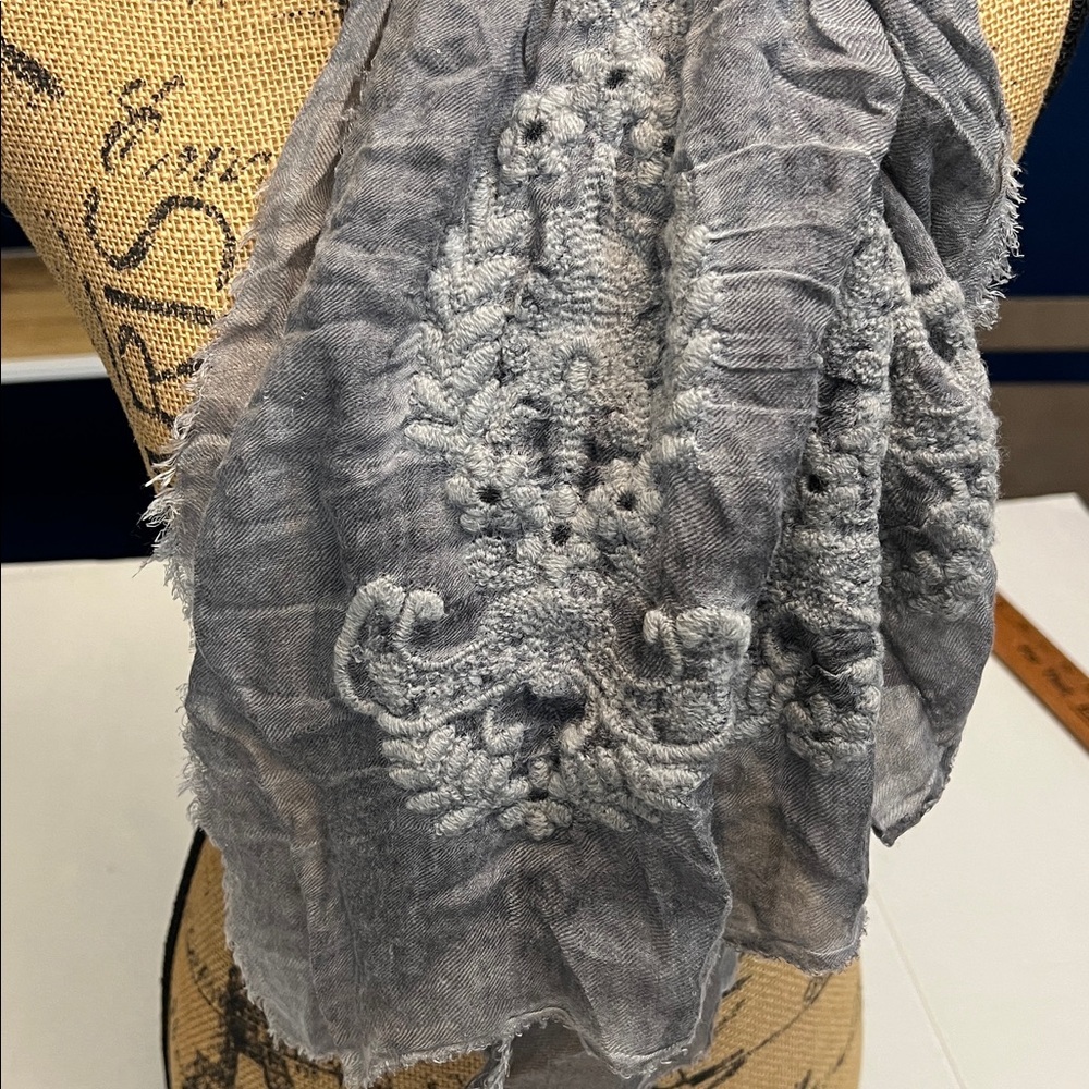 DONCASTER GRAY SOFT EMBROIDERED LARGE SCARF - Picture 2 of 8